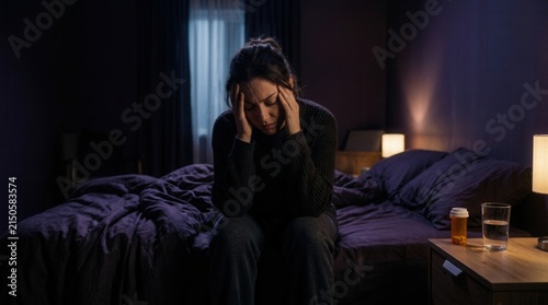 Woman Suffering From Insomnia Sitting On Bed With Hands On Head Late Night