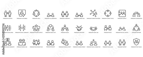 Friendship web icons in line style. Interaction, friend, relationship, mutual assistance, social responsibility, buddy, love, collection. Editable stroke.  Vector illustration.