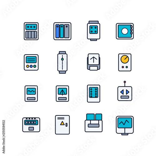 Premium flat vector icon collection of PLCs, HMIs, relays, I/O modules, gateways, Ethernet switches and control panels for industrial automation, process control and smart manufacturing.
