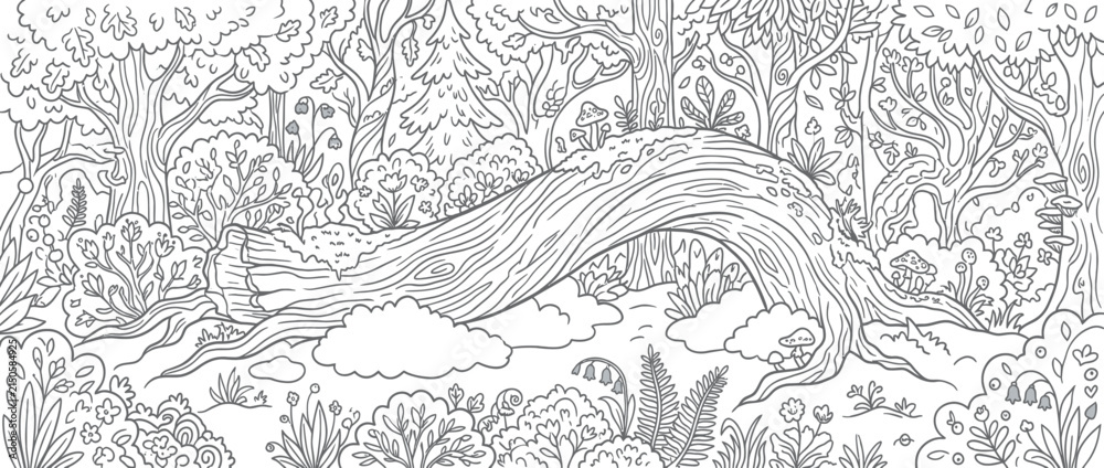 Obraz premium Whimsical forest scene with fallen log and plants
