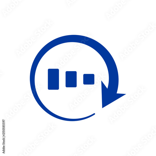 Flat progress icon with circular arrows and a bar chart symbol representing progress, completion, status, and performance.