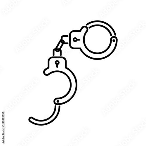 Outline icon of a pair of handcuffs with one handcuff open, representing arrest, police restraint, detention, security, and law enforcement.