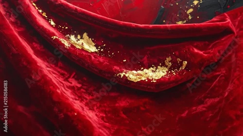 Abstract red velvet fabric with gold leaf accents.