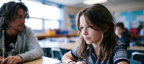Teacher offering support to withdrawn student in bright classroom