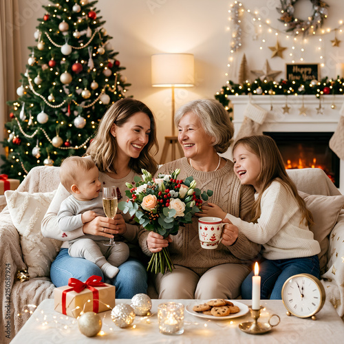 Family Celebrating Christmas with Tree and Gifts.