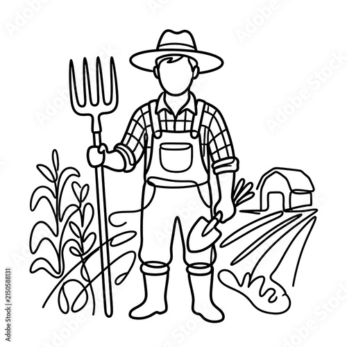 Farmer Holding Pitchfork in Field with Crops and Farm Equipment.