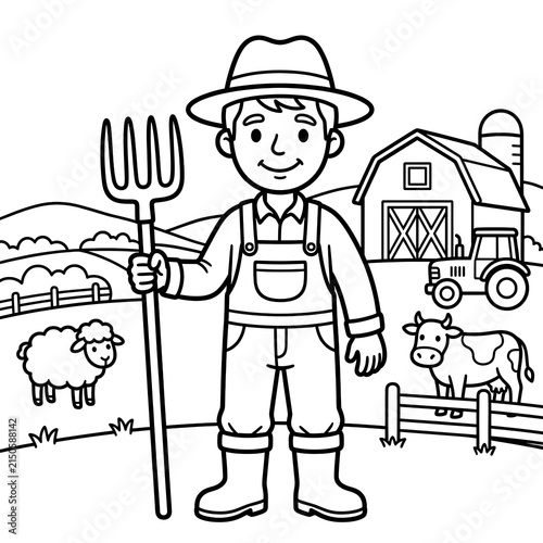 Farmer Holding Pitchfork on Farm with Animals and Barn.