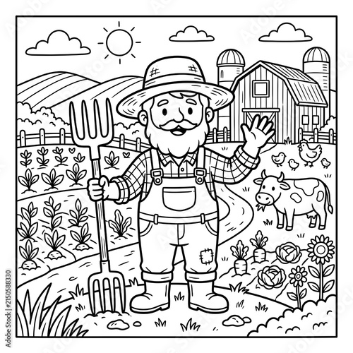 Farmer Standing in Field with Farm Animals and Barns.