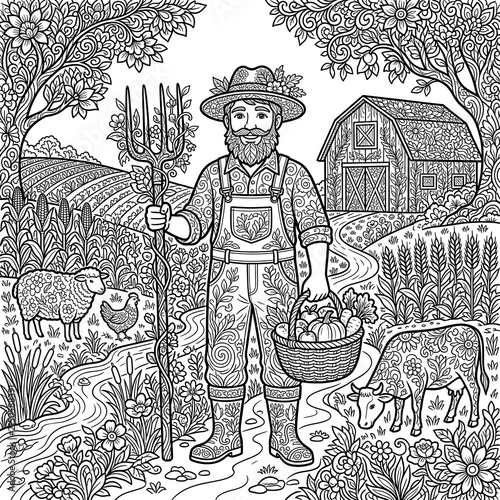 Farmer Standing in Field with Livestock and Barns.