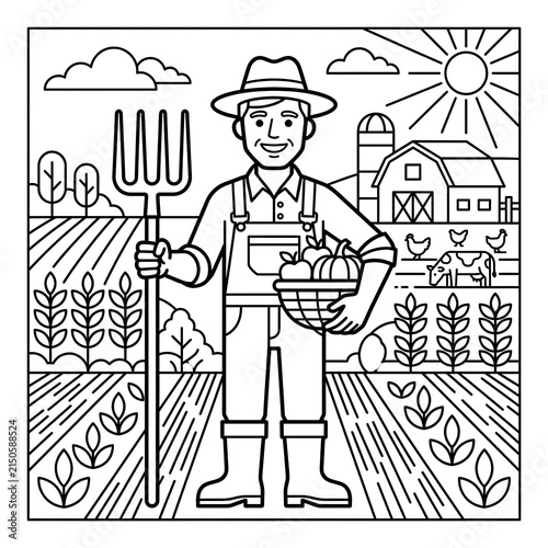 Farmer Standing in Vegetable Garden with Farmhouse and Sun.
