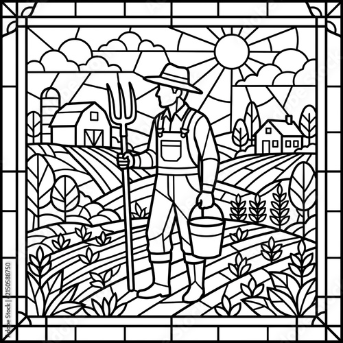Farmer Tending to Crops in Rural Landscape Scene.