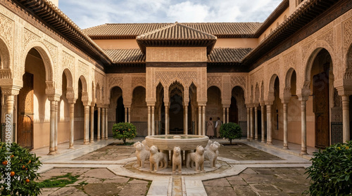 Alhambra palace courtyard fountain, intricate Moorish architecture, Granada, Spain