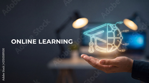 Online learning concept with digital graduation cap. Virtual education and e-learning tech.