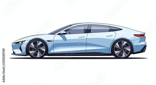 Blue luxury sedan parked on white background.