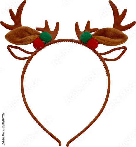 This cute reindeer-antler headband features red and green pom-poms and leaf accents, highlighted by soft, velvety antlers and ears set against a transparent base.