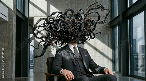 Surreal Black Abstract Hat on Businessman Sitting in Modern Office