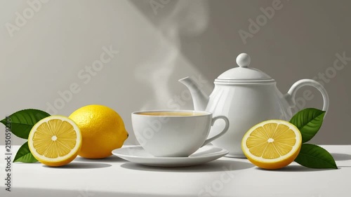 Still life of tea service with sliced lemons.