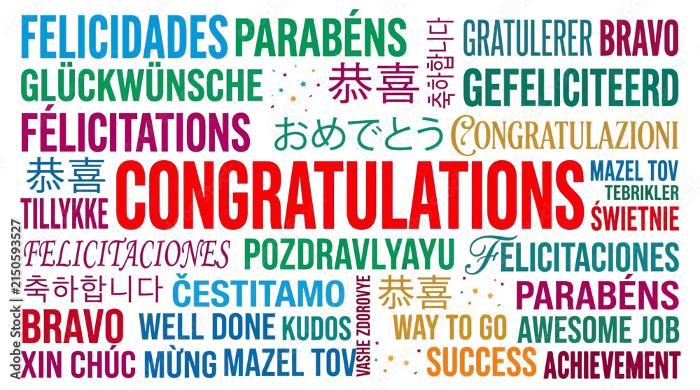 Fototapeta premium Multilingual congratulations word cloud typography featuring vibrant colorful letters celebrating global success and diverse cultural achievement