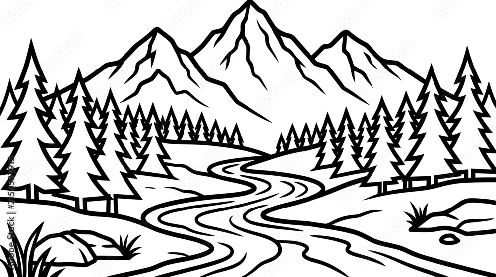 Fototapeta premium Mountain landscape line art: A stylized line art illustration depicts a majestic mountain range towering over a winding river and lush pine forest, creating a serene and natural vista.