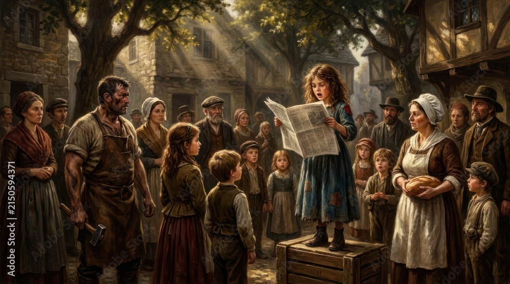 Fototapeta premium Girl reading news to crowd in medieval town square.