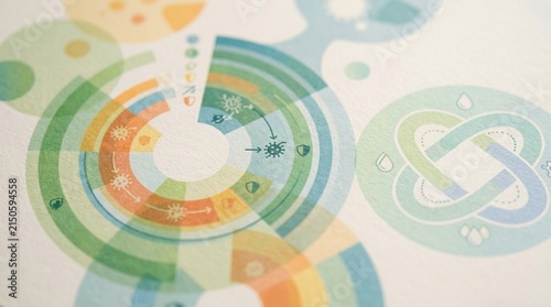 Vaccine safety and efficacy infographic printout close-up showing abstract circular chart shapes in Empty Medical Clinic, No People Stock Photo