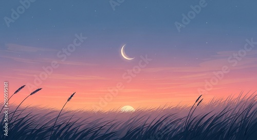 Serene twilight sky with crescent moon over golden sunset and grass field