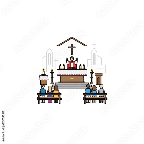 Congregation members sit in church pews while a priest conducts a religious service at the altar before the assembly.