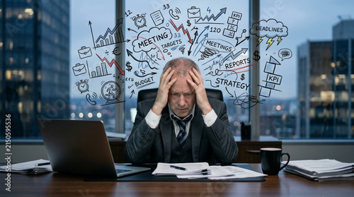 Overwhelmed businessman stressed by work, career crisis, mental overload, deadline pressure