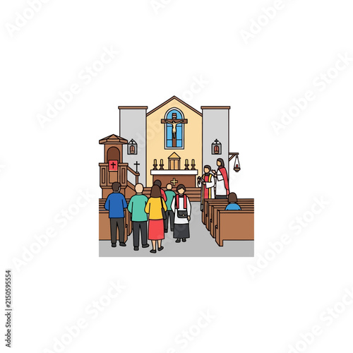 Congregation gathers inside a church for a traditional Sunday service led by the priest near the altar.