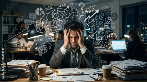 Overwhelmed businessman with head in hands amidst chaotic work desk and office at night