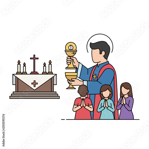 Priest holds a golden chalice during a communion ceremony while the faithful pray in the background.