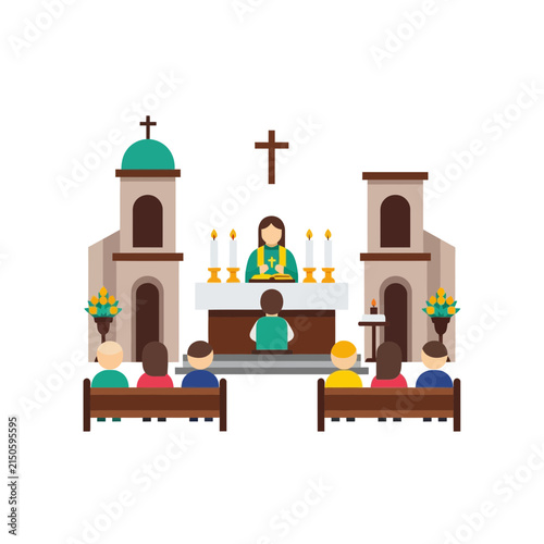 Parishioners sit on wooden pews inside a church while the priest conducts a service at the altar.