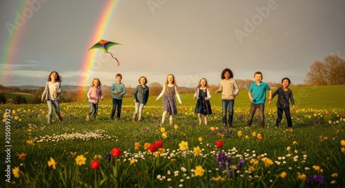 Group Of Happy Children Playing With A Kite In A Flower Meadow Under A Rainbow