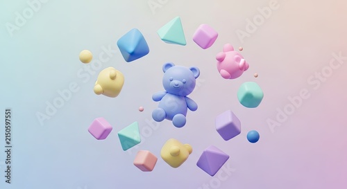3D Rendered Pastel Teddy Bear With Floating Geometric Shapes
