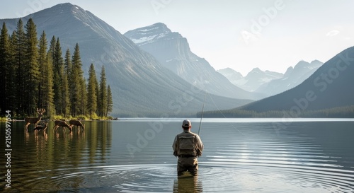 Fly Fisherman Fishing In A Serene Mountain Lake With Deer