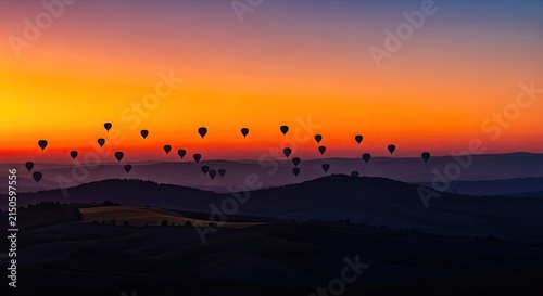 Many Hot Air Balloons Flying Over Rolling Hills At Sunset