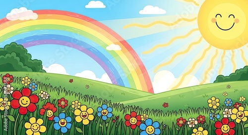 Cartoon Meadow With Happy Smiling Flowers And A Rainbow