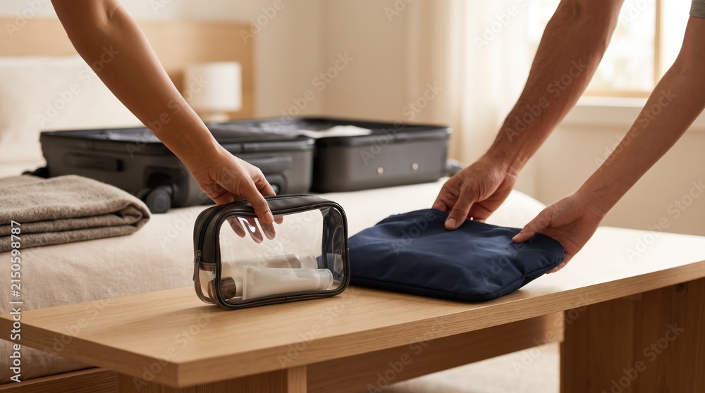 Fototapeta premium Hands fold blue shirt beside transparent bag
