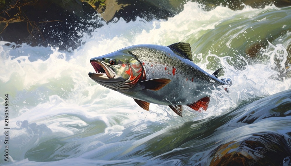 Fototapeta premium Piranha fish swimming in fast current river water, dynamic wildlife action shot in nature