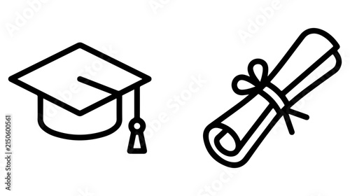 Fotografía Academic success elements include black outline graduation hat and rolled diploma scroll with ribbon