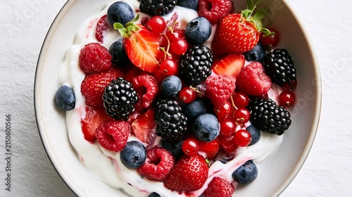 Fruit salad with cream sits on a white surface. A close look from above shows a vibrant mix of strawberries, blueberries, raspberries, blackberries, and red currants.