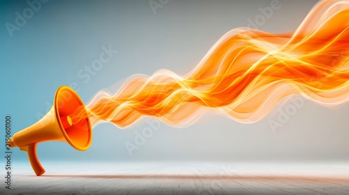 Vibrant yellow megaphone emitting dynamic orange energy waves illustrating communication concepts on clean studio background