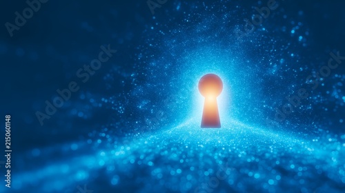 Abstract conceptual design featuring glowing keyhole portal amidst sparkling blue particles representing digital future secrets