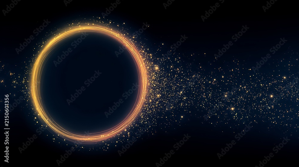 Fototapeta premium Abstract golden circular frame with glowing dust particles motion background illustration