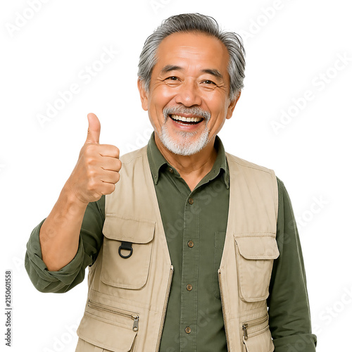 Happy senior Asian man giving a thumbs up gesture wearing a khaki utility vest