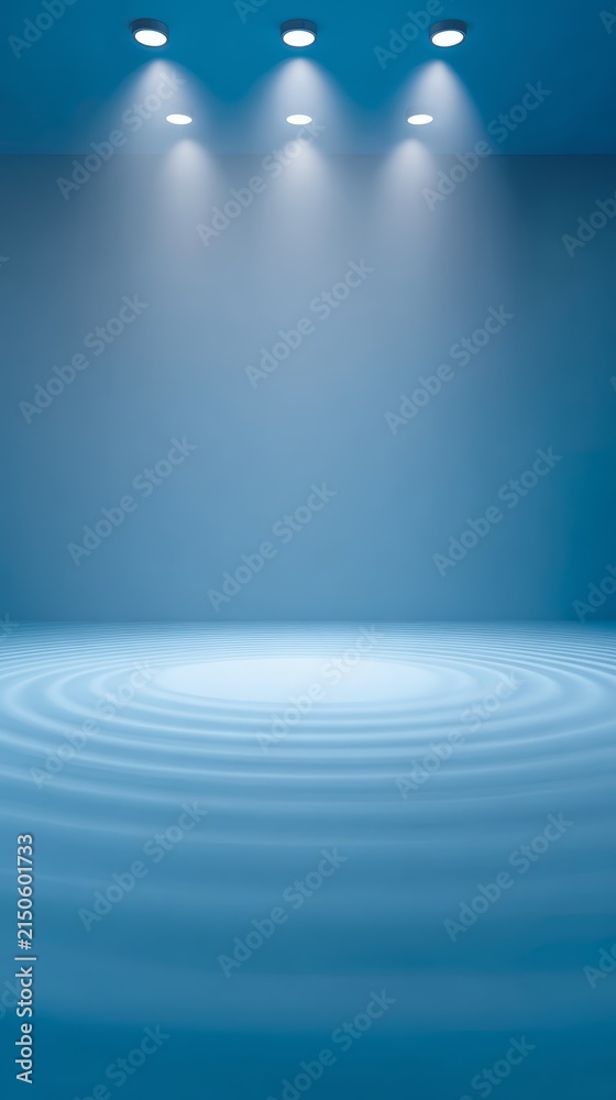 Obraz premium Abstract blue studio backdrop with concentric ripples and bright overhead spotlights shining down on empty floor space for display