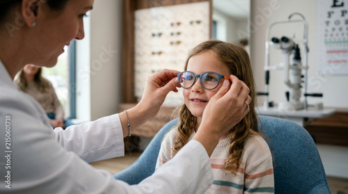 Optometrist fitting new glasses on a smiling young girl's face in an eye exam room.