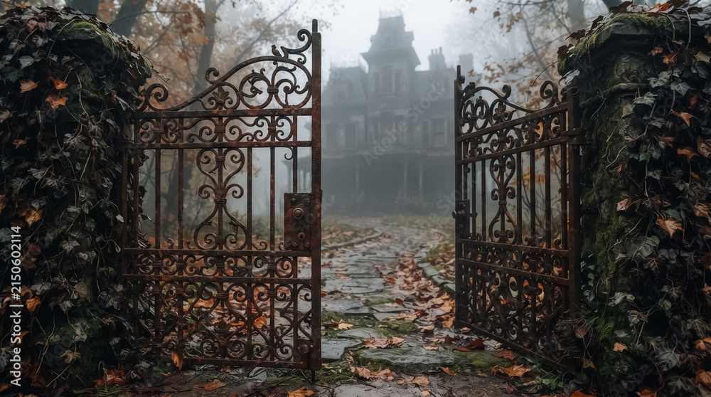 Obraz premium Rusted Wrought Iron Gate Opening to Abandoned Victorian Estate in Diffused Foggy Day 