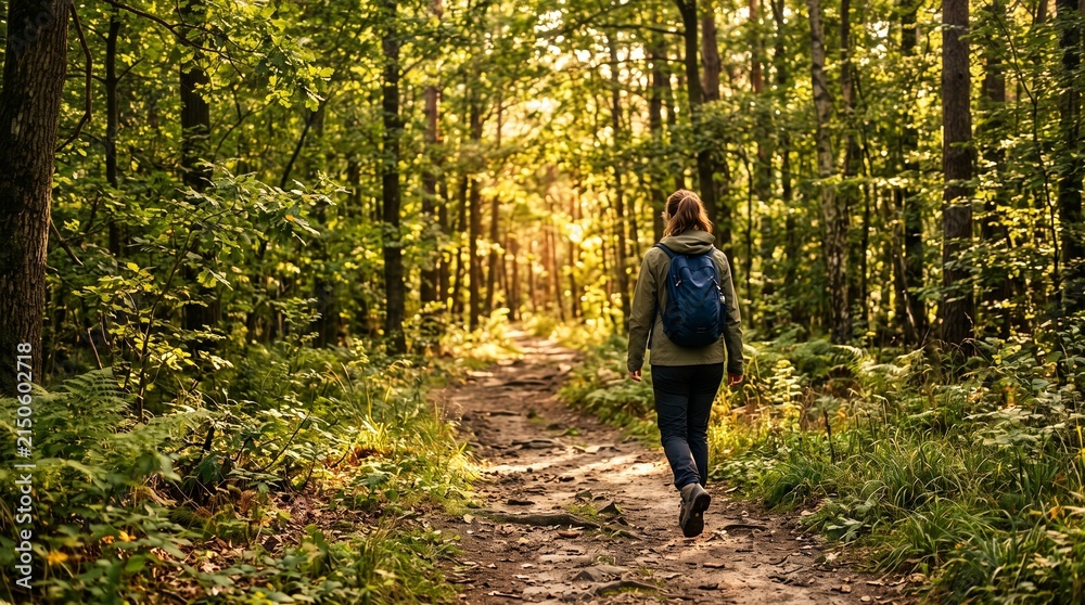 Fototapeta premium Woman hiking on a forest path with sunbeams filtering through trees