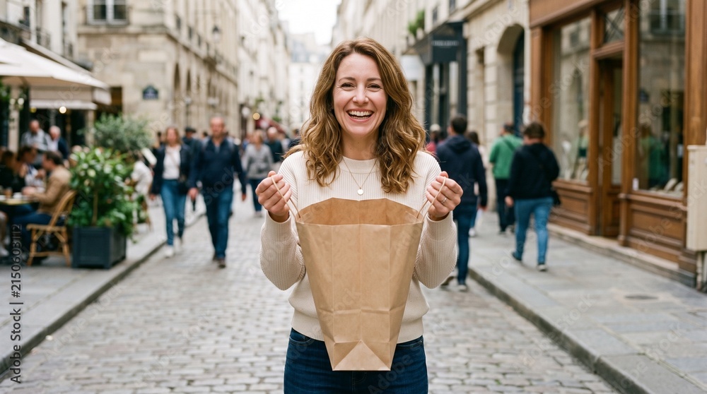 Fototapeta premium Happy Woman Holding Shopping Bag on Cobblestone Street in Paris